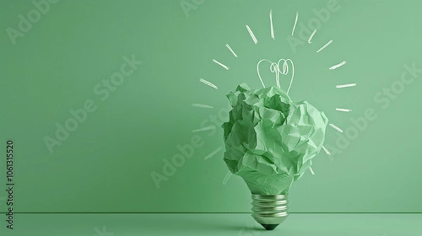 Fototapeta Green Light Bulb Concept Made of Crumpled Paper on Green Background Symbolizing Eco Ideas