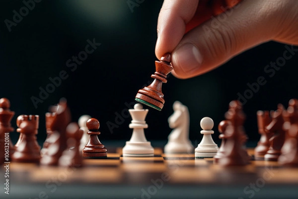 Obraz A chessboard with pieces shaped as business icons, a strategic move being made by an unseen hand, representing high-stakes decision-making and strategic risks