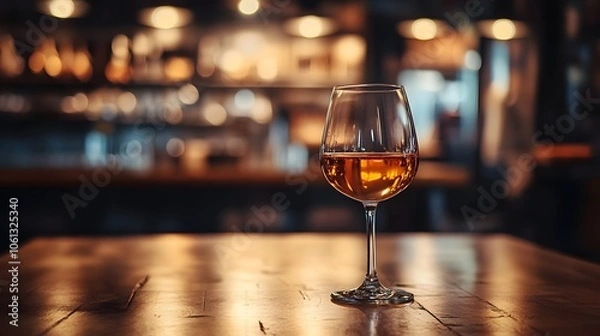 Fototapeta Elegant glass of amber whiskey on a wooden table in a cozy bar setting.