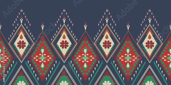 Obraz Navajo Ethnic Geometric Ornamental Pattern Vector Background in Pastel Blue for Wallpaper, Rugs and Fabric. Native American Tribal Culture and Crafts with Textiles and Home Decor.