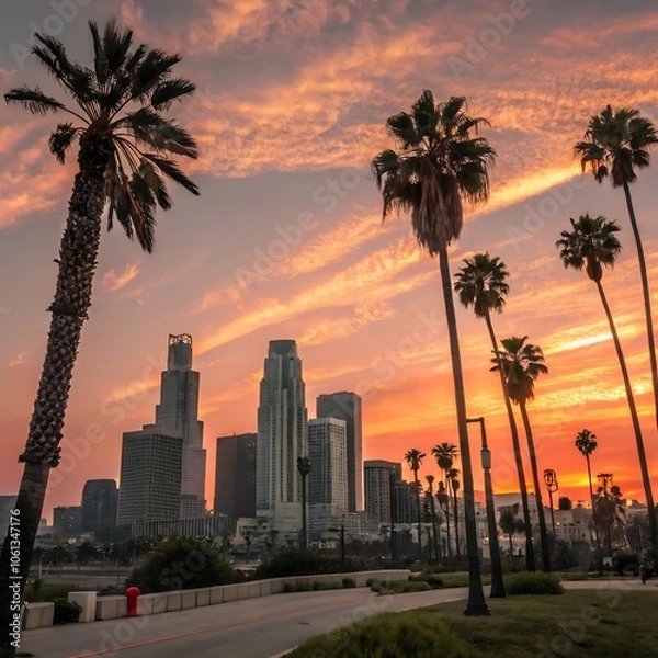 Fototapeta Stunning city skyline with palm trees silhouetted against a colorful sunset sky, capturing urban charm and tropical vibes.