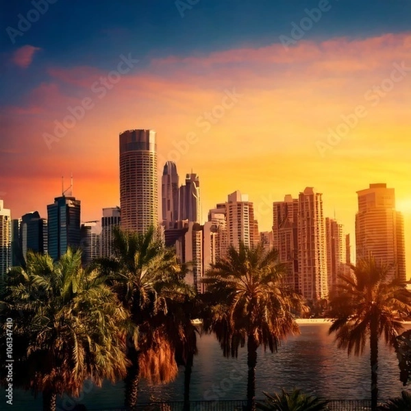 Fototapeta Stunning city skyline with palm trees silhouetted against a colorful sunset sky, capturing urban charm and tropical vibes.
