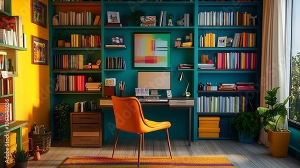 Fototapeta Teal and Yellow Home Office with Built-in Bookshelves and a Modern Desk