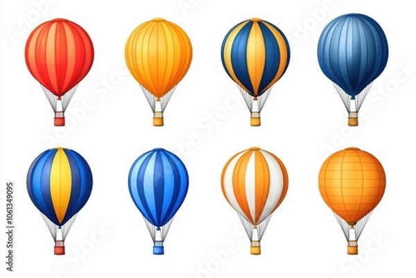 Obraz Colorful hot air balloons in various patterns, ideal for travel and adventure themes, on a white isolate background.