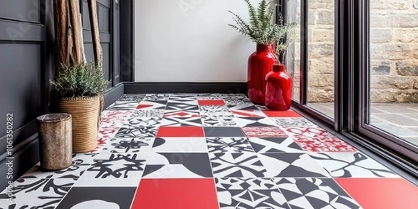 Fototapeta A modern interior featuring patterned tiles in red, black, and white, with decorative plants.