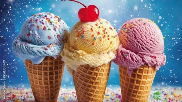 Fototapeta Three ice cream cones with different flavors, topped with sprinkles and a cherry, against a blue background with a sprinkle of white.