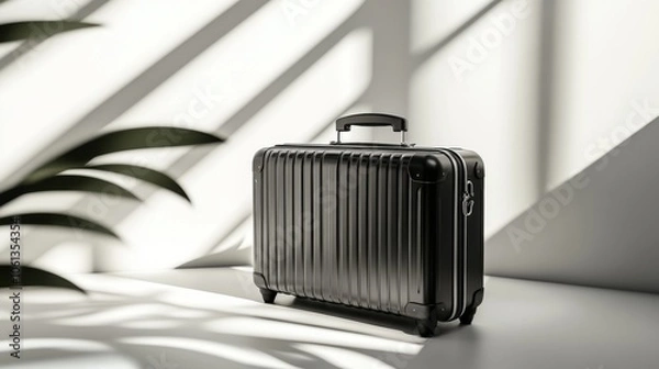 Obraz Minimalist Black Suitcase on White Background with Soft Shadows, Studio Photography Concept