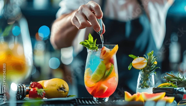 Obraz Mixologist preparing a colorful cocktail with a tropical fruit garnish 1 icon per image ar7 4 Generative AI
