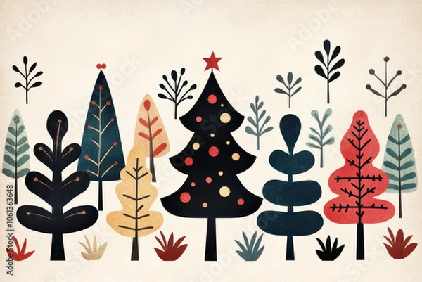 Fototapeta Stylized forest with Christmas trees in minimalist abstract illustration, festive holiday season design