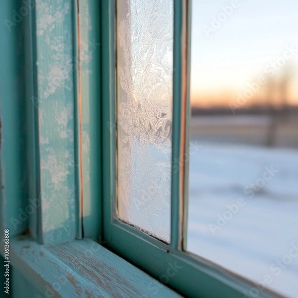 Fototapeta Close-up of frosted window pane with a blurred sunset and snowy field in the background.