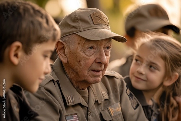 Obraz Portrait of a veteran in uniform, surrounded by children.