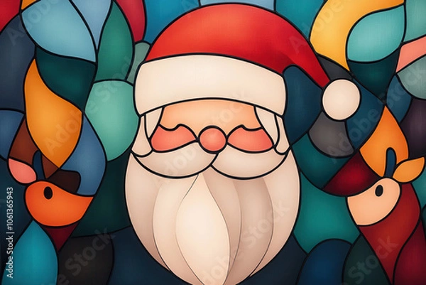 Fototapeta Colorful Stained Glass Style Santa Claus and Reindeer Illustration with Abstract Shapes