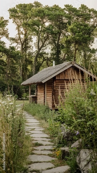 Obraz Tranquil rustic log cabin retreat hidden within the wild summer forest, approached by a peaceful stone path.