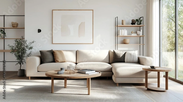 Obraz A modern living room featuring cozy beige sectional sofa adorned with decorative pillows, complemented by wooden coffee tables and stylish bookshelf. large windows allow natural light to fill space, c