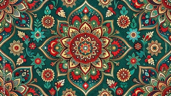 Fototapeta A vibrant tapestry of intricate floral designs, with a central mandala surrounded by a symphony of colors and textures.