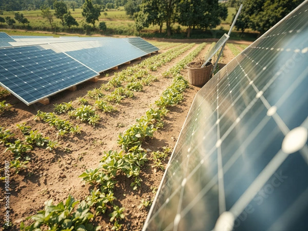 Fototapeta Solar Energy and Agriculture: A view of solar panels installed on farmland, providing energy while crops grow around them, Ai Generate.