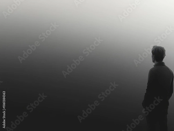Fototapeta Solitary figure stands against smooth gray gradient background, evoking sense of introspection and calm. minimalist design enhances emotional depth of scene