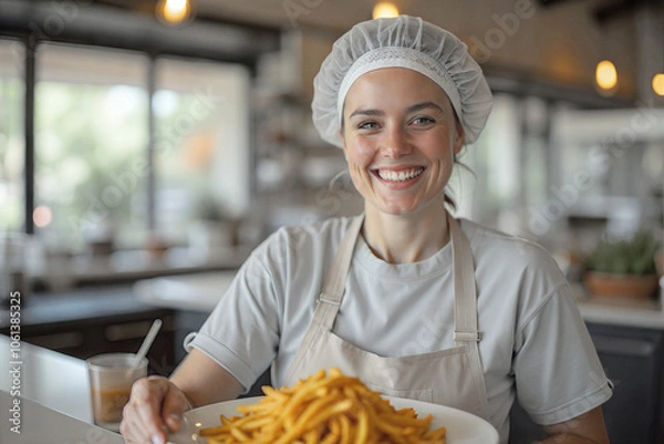 Fototapeta Lunch lady serving background, friendly cafeteria worker in a hairnet serving food with a smile, warm and welcoming