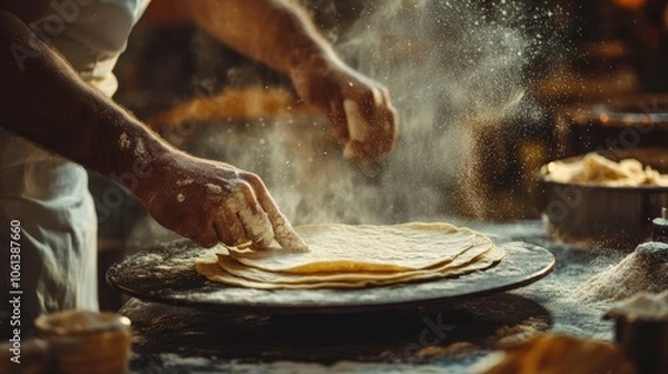 Fototapeta Closeup of a baker's hands preparing dough for tortillas, with flour falling from his hands.