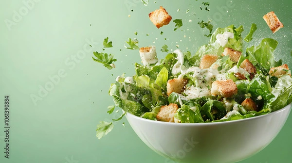Obraz Fresh salad with crisp romaine, creamy dressing, and crunchy croutons