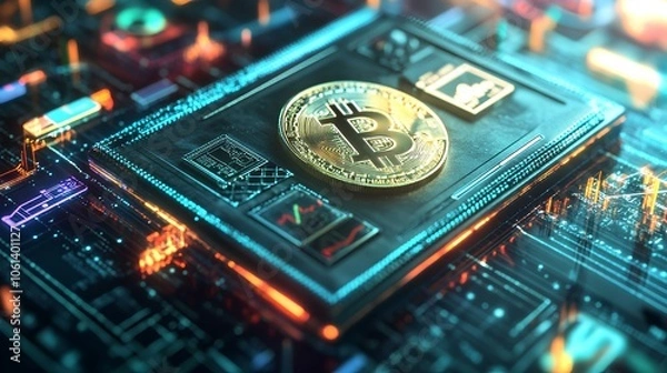 Fototapeta A digital representation of a Bitcoin on a circuit-like background, highlighting cryptocurrency technology and innovation.