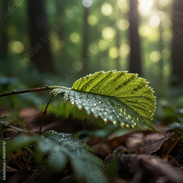 Obraz Serene Macro Nature Photography - Dew-Covered Leaf with Morning Sunlight in Peaceful Forest