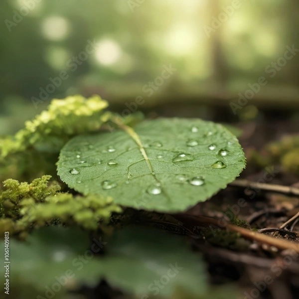 Obraz Serene Macro Nature Photography - Dew-Covered Leaf with Morning Sunlight in Peaceful Forest