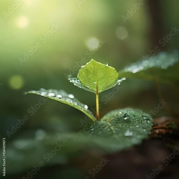 Obraz Serene Macro Nature Photography - Dew-Covered Leaf with Morning Sunlight in Peaceful Forest