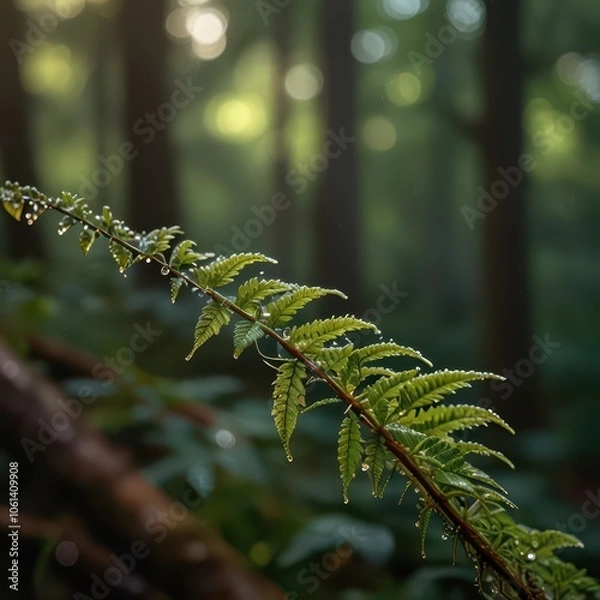 Obraz Serene Macro Nature Photography - Dew-Covered Leaf with Morning Sunlight in Peaceful Forest