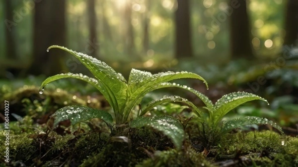 Obraz Serene Macro Nature Photography - Dew-Covered Leaf with Morning Sunlight in Peaceful Forest