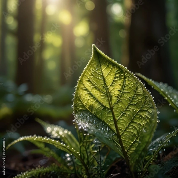 Obraz Serene Macro Nature Photography - Dew-Covered Leaf with Morning Sunlight in Peaceful Forest