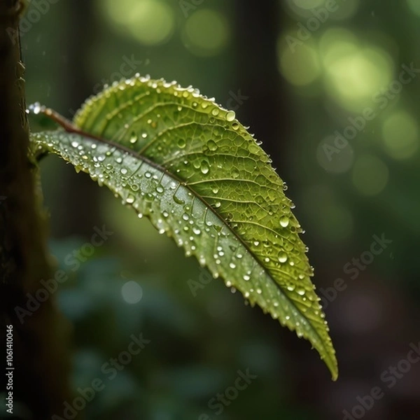 Obraz Serene Macro Nature Photography - Dew-Covered Leaf with Morning Sunlight in Peaceful Forest