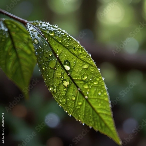 Obraz Serene Macro Nature Photography - Dew-Covered Leaf with Morning Sunlight in Peaceful Forest