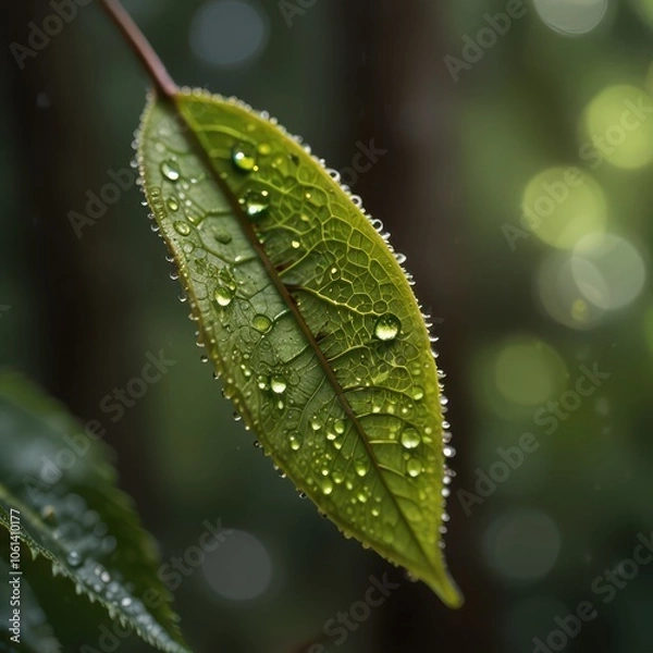 Obraz Serene Macro Nature Photography - Dew-Covered Leaf with Morning Sunlight in Peaceful Forest