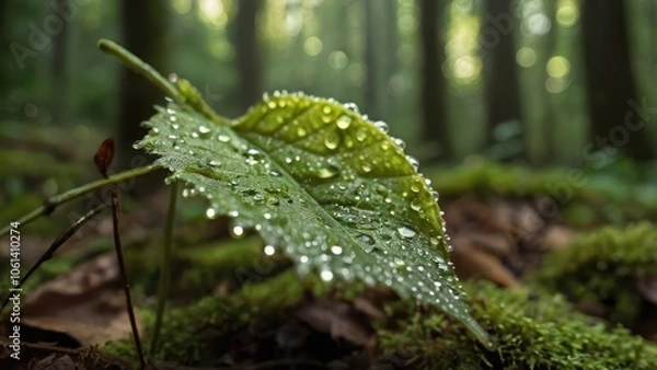 Obraz Serene Macro Nature Photography - Dew-Covered Leaf with Morning Sunlight in Peaceful Forest
