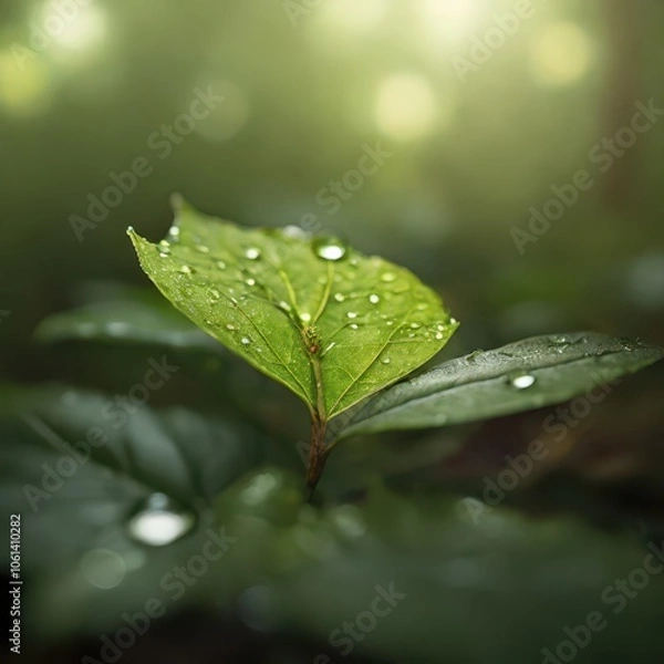 Obraz Serene Macro Nature Photography - Dew-Covered Leaf with Morning Sunlight in Peaceful Forest