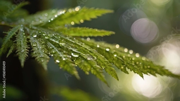 Obraz Serene Macro Nature Photography - Dew-Covered Leaf with Morning Sunlight in Peaceful Forest