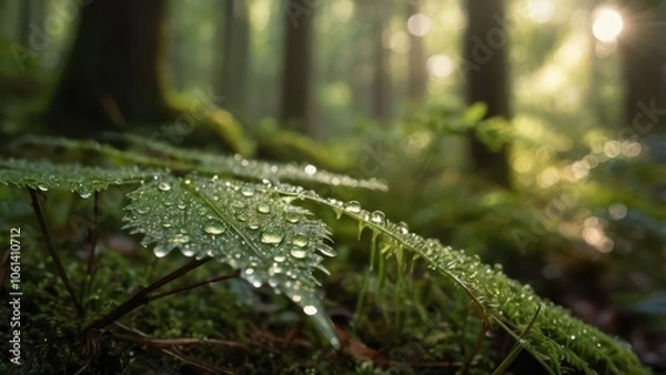 Obraz Serene Macro Nature Photography - Dew-Covered Leaf with Morning Sunlight in Peaceful Forest