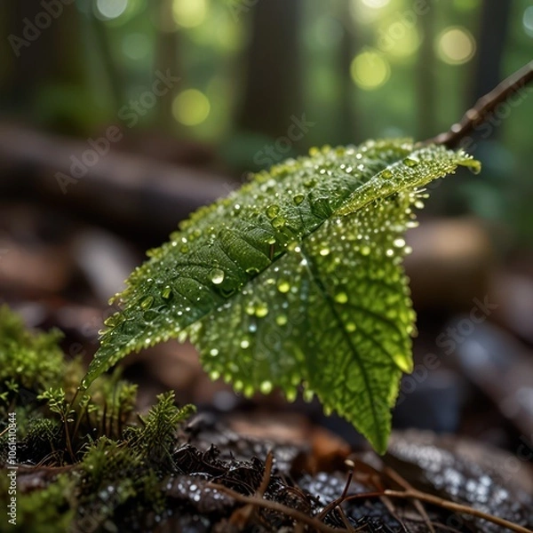 Obraz Serene Macro Nature Photography - Dew-Covered Leaf with Morning Sunlight in Peaceful Forest