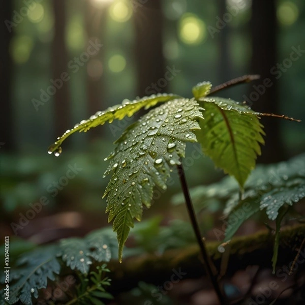 Obraz Serene Macro Nature Photography - Dew-Covered Leaf with Morning Sunlight in Peaceful Forest