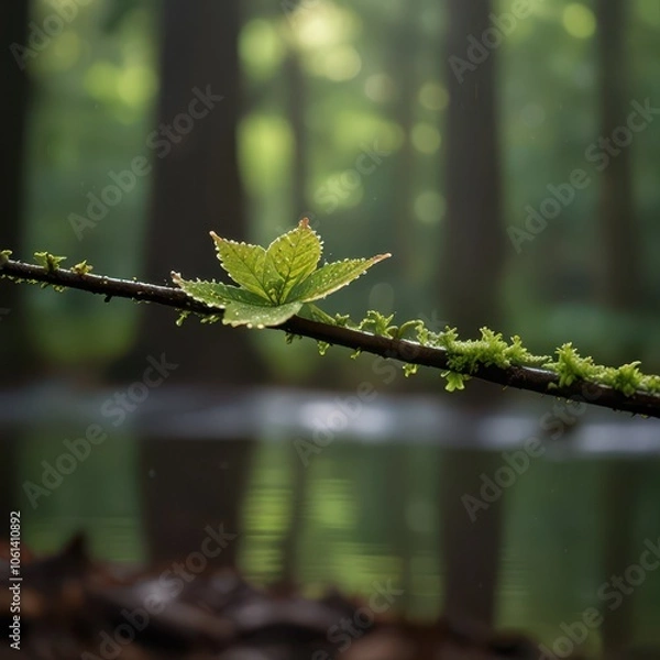 Obraz Serene Macro Nature Photography - Dew-Covered Leaf with Morning Sunlight in Peaceful Forest