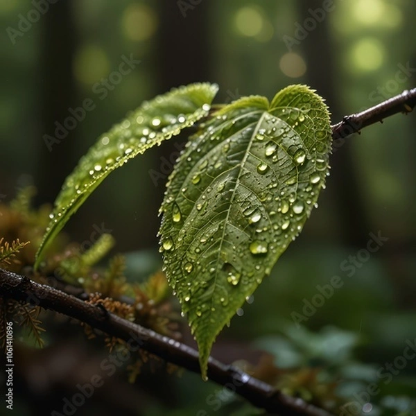 Obraz Serene Macro Nature Photography - Dew-Covered Leaf with Morning Sunlight in Peaceful Forest