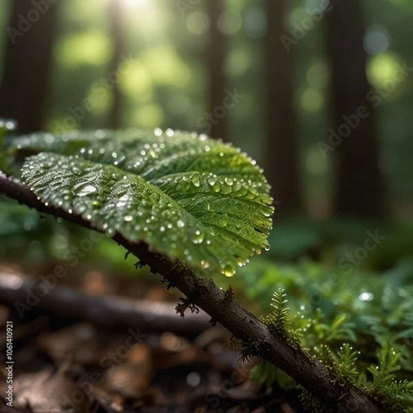 Obraz Serene Macro Nature Photography - Dew-Covered Leaf with Morning Sunlight in Peaceful Forest