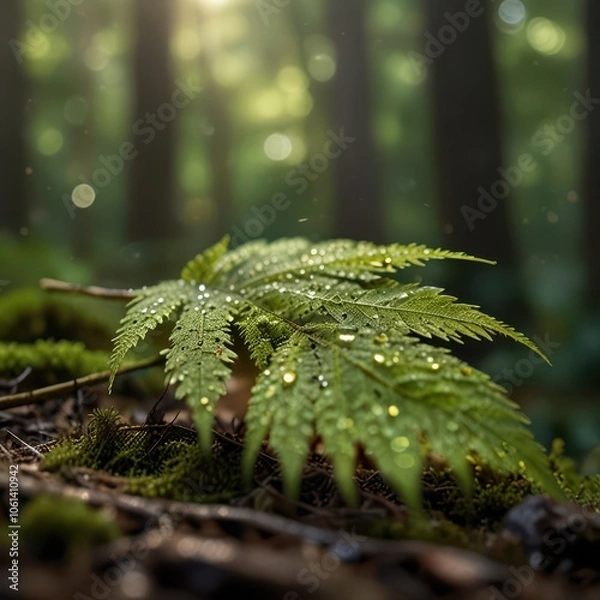 Obraz Serene Macro Nature Photography - Dew-Covered Leaf with Morning Sunlight in Peaceful Forest