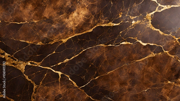 Fototapeta A brown and gold marble wall with cracks and splinters