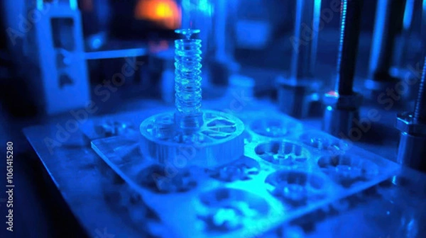 Fototapeta Detailed close up of small intricate 3D printed component in blue lighting, showcasing its design and texture. image captures precision of modern manufacturing techniques