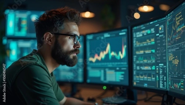 Fototapeta Bearded Man in Glasses Concentrating on Computer Data in Control Room.