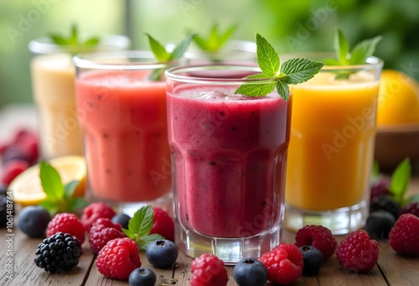 Fototapeta Refreshing fruit smoothies in clear glasses, garnished with mint leaves, surrounded by fresh berries and lemon slices, evoke vibrant and healthy lifestyle