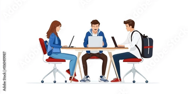 Fototapeta Three young adults collaborating at table with laptops, focused and engaged