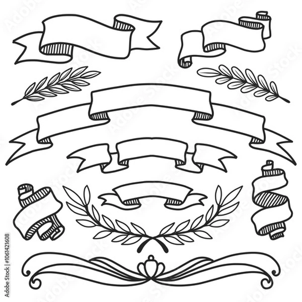 Fototapeta Decorative set featuring blank ribbon banners in various shapes, along with leaf accents and classic ornaments. Ideal for labels, vintage designs, and adding an elegant touch to project